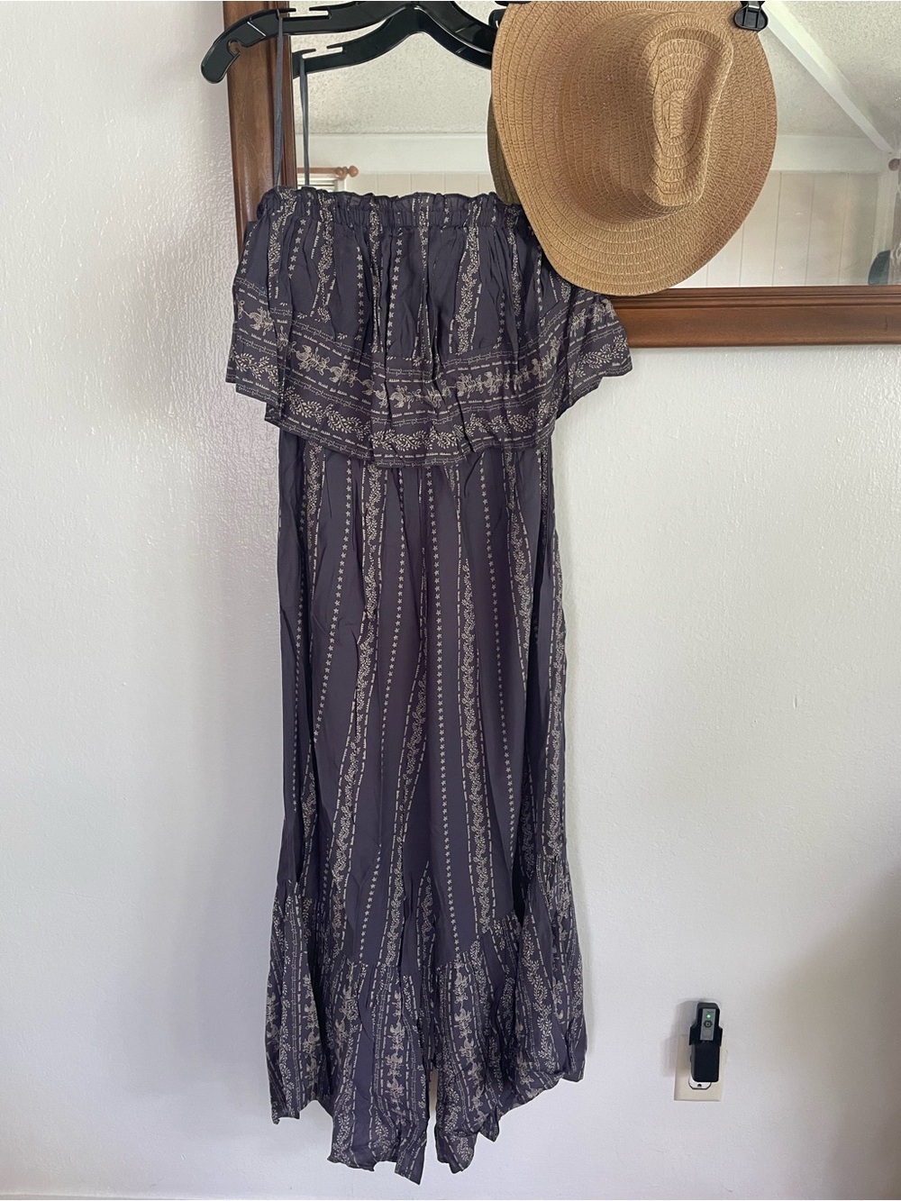 Japna Slate Blue Strapless Ruffle Wide Leg Jumpsuit with Cream Print